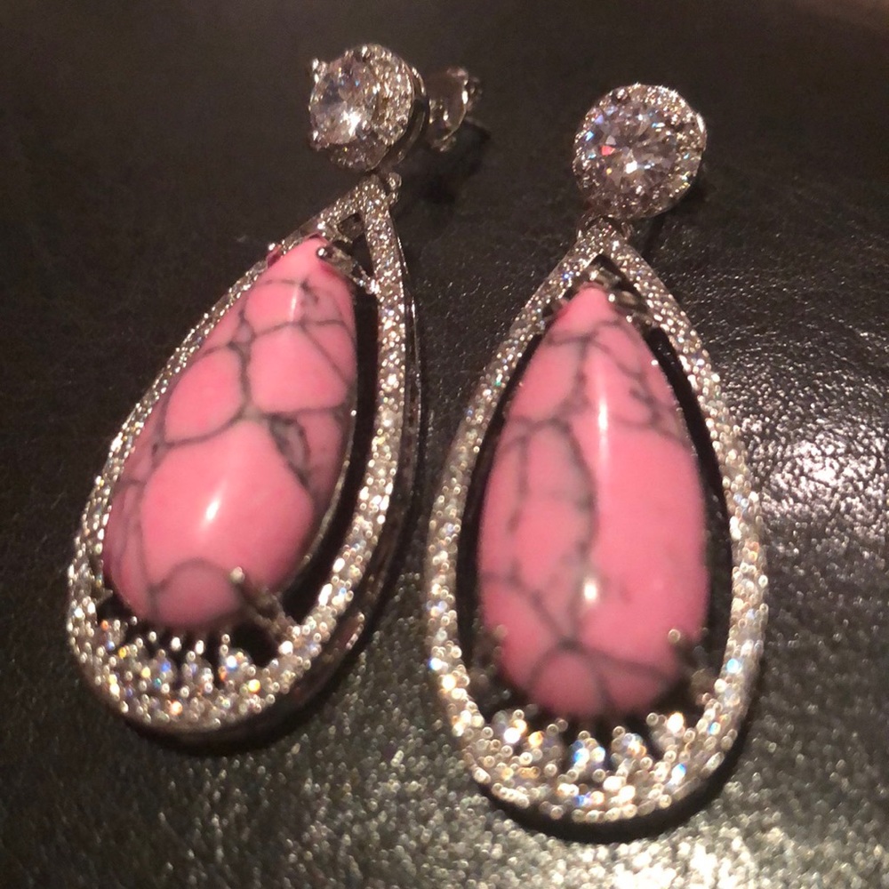 Genuine Pink Howlite Cz Diamond Earrings NWOTS